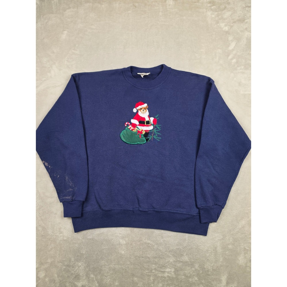 Vintage Peanut Butter & Jelly Sweatshirt Adult L Blue Santa Bear Holiday USA